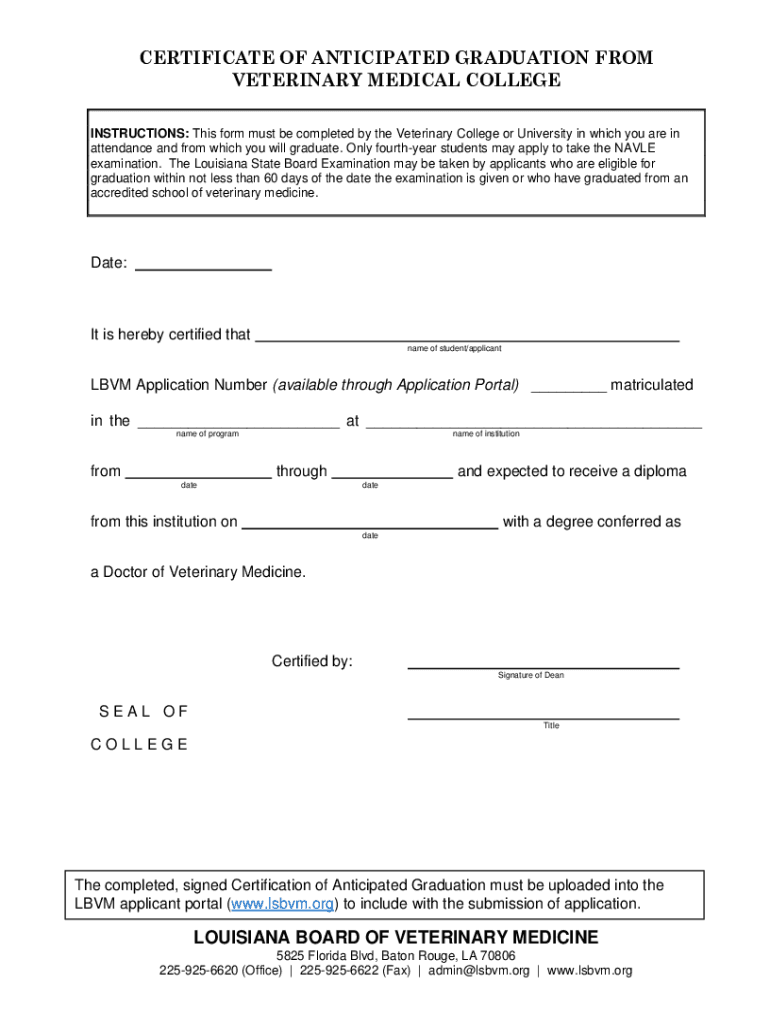 Fillable Online LOUISIANA BOARD OF VETERINARY MEDICINE CERTIFICATE OF