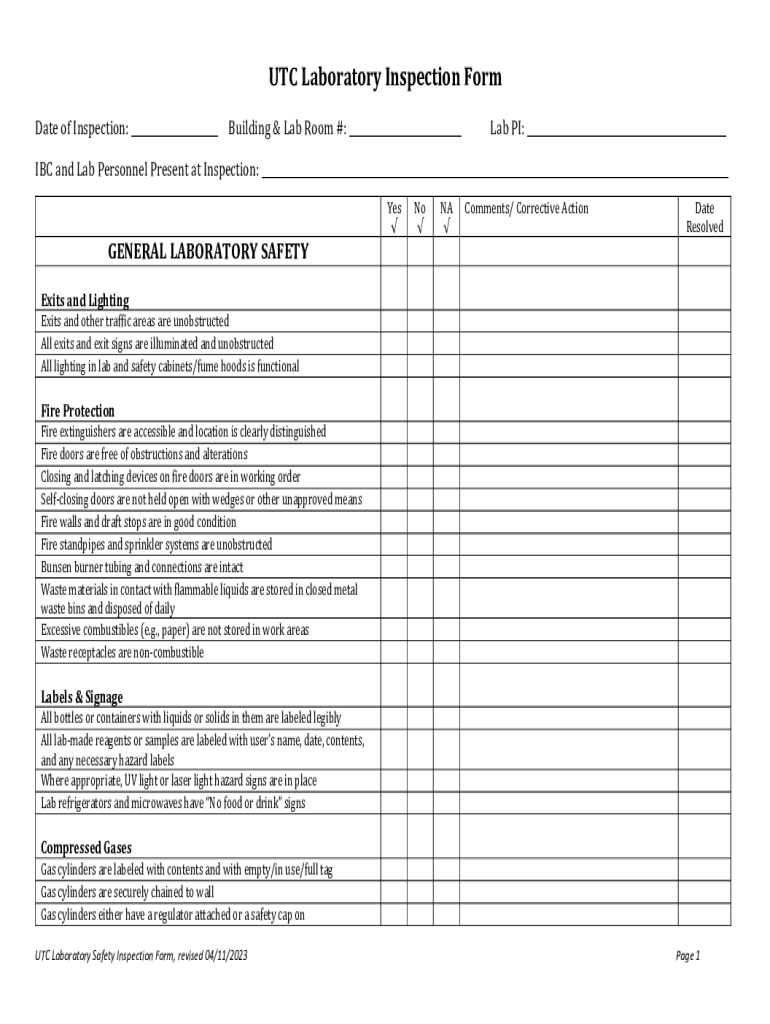 Fillable Online Laboratory Safety Inspection Form Building Room(s) Fax