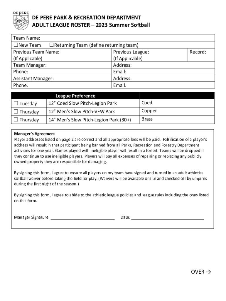 Fillable Online DE PERE PARK & RECREATION DEPARTMENT Fax Email Print