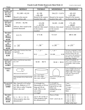 weekly homework sheet 4th grade