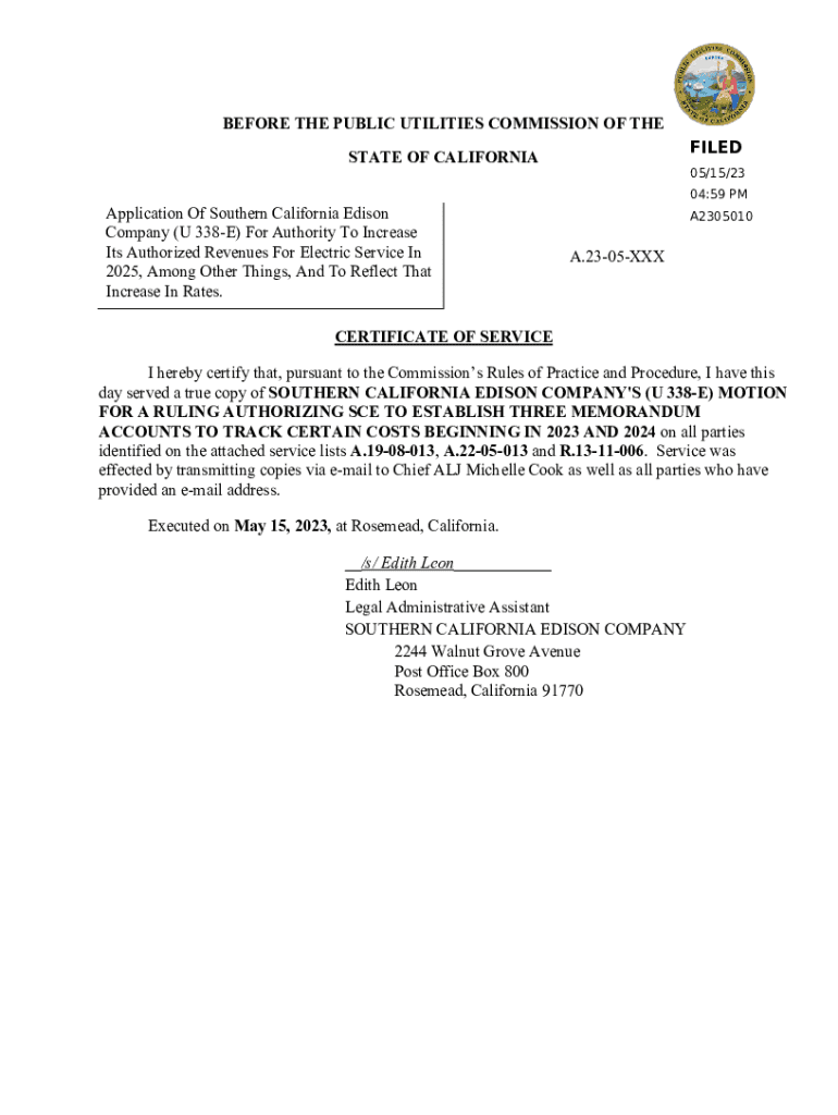 Fillable Online docs cpuc ca Application Of Southern California Edison ...