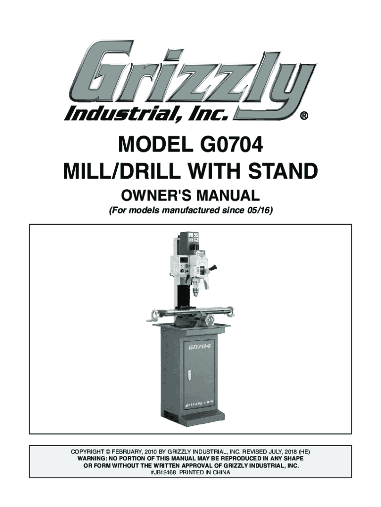 Fillable Online Grizzly G0704 7" x 27" 1 HP Mill/Drill with Stand Fax