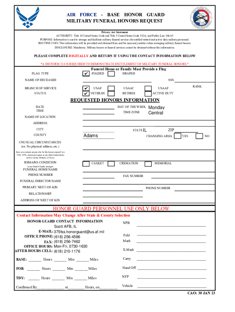 Air Force Military Funeral Honors Request Sheet Preview on Page 1