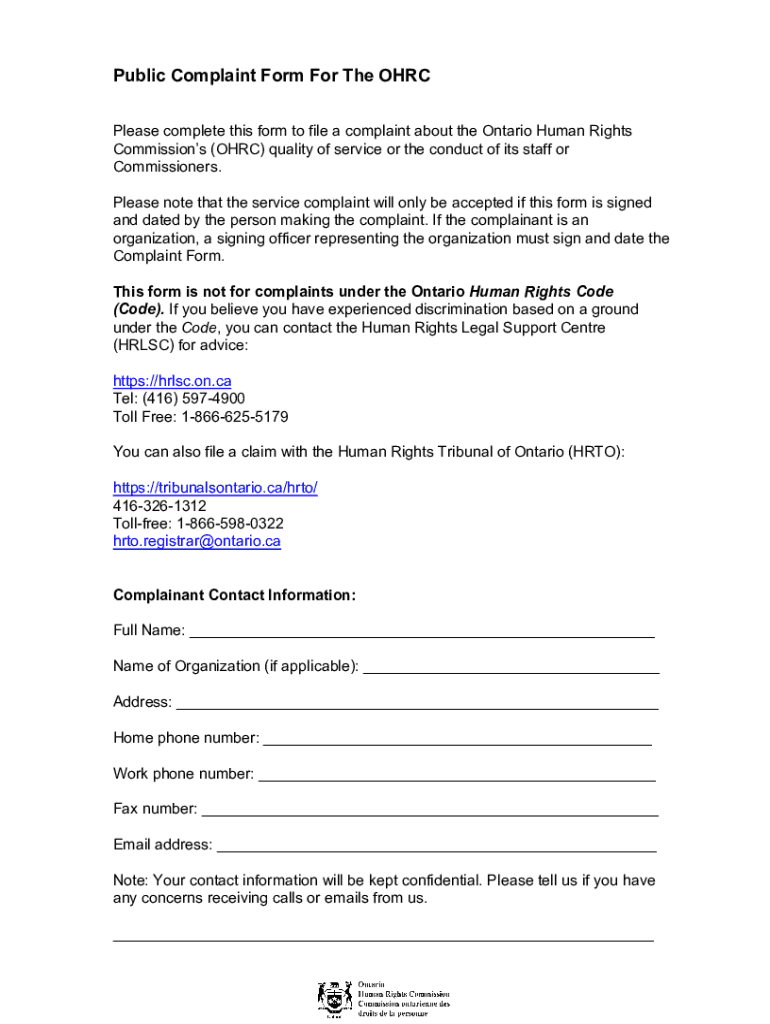 Public Complaint Form For The OHRC Preview on Page 1