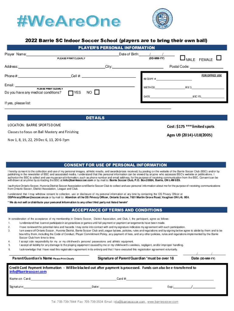 Fillable Online 2022 Barrie SC Indoor Soccer School (players are to