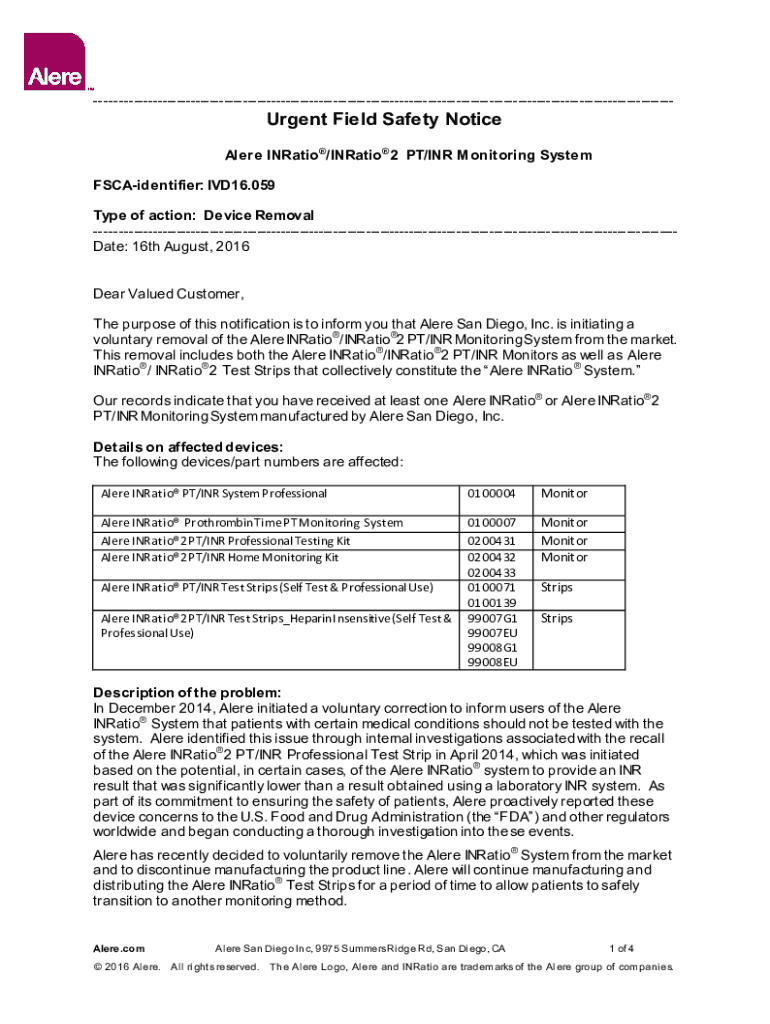 Fillable Online Class 1 Device Recall Alere INRatio2 PT/INR ...