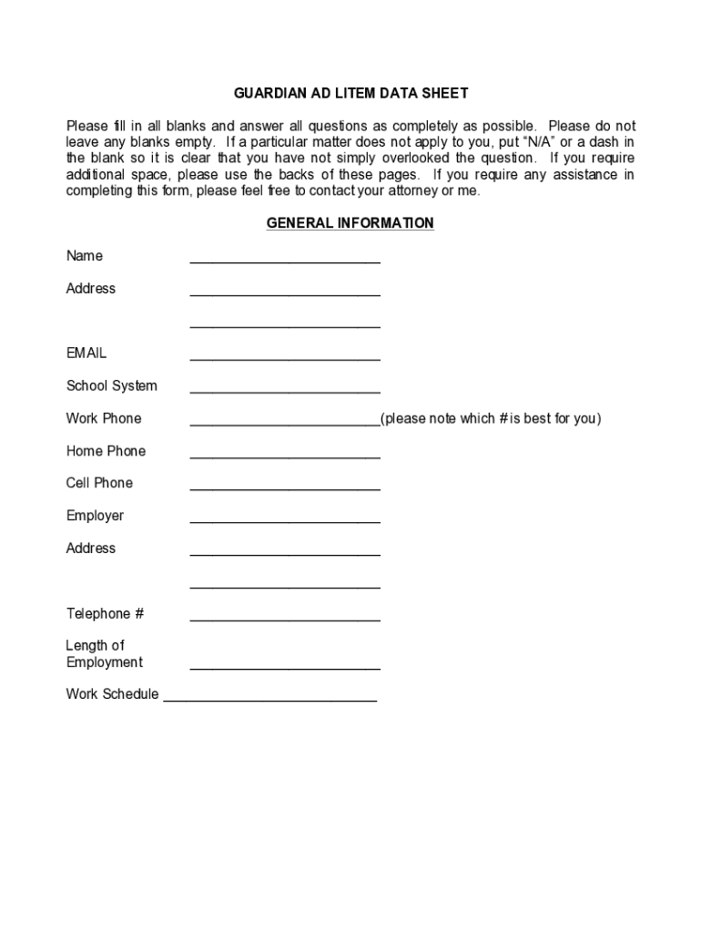 Fillable online guardian ad litem data sheet please fill in all blanks