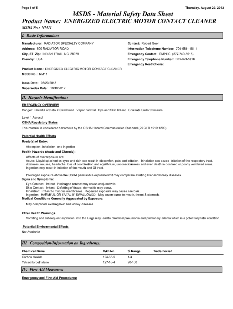 Fillable Online QD Contact Cleaner 11 oz SDS US CRC Industries Fax Email Print pdfFiller