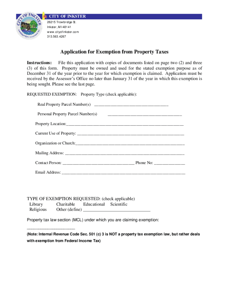 Fillable Online Application for Exemption from Property Taxes City of