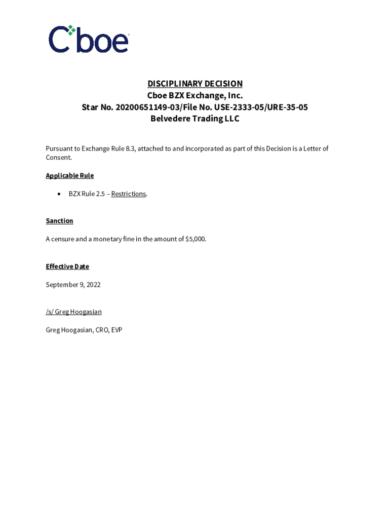 Fillable Online Disciplinary Decision Cboe BZX Exchange, Inc. Star No