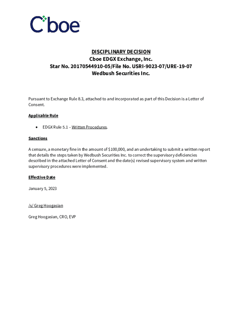 Fillable Online DISCIPLINARY DECISION Cboe EDGX Exchange, Inc. Fax