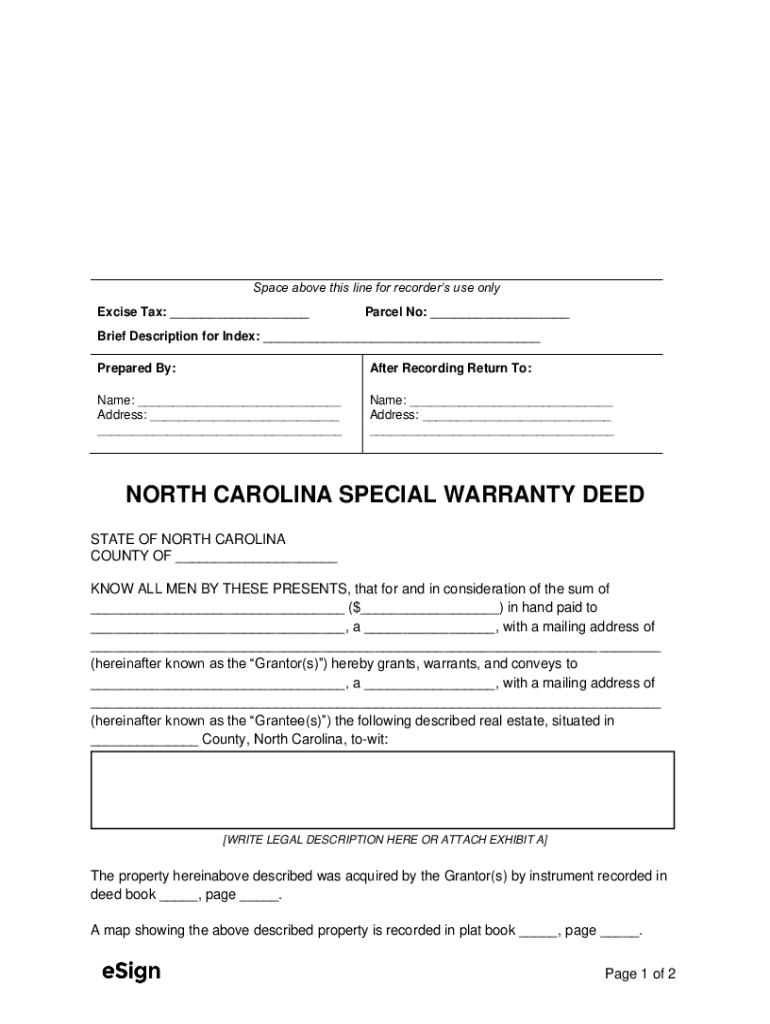 Fillable Online North Carolina Special Warranty Deed Form Fax Email ...