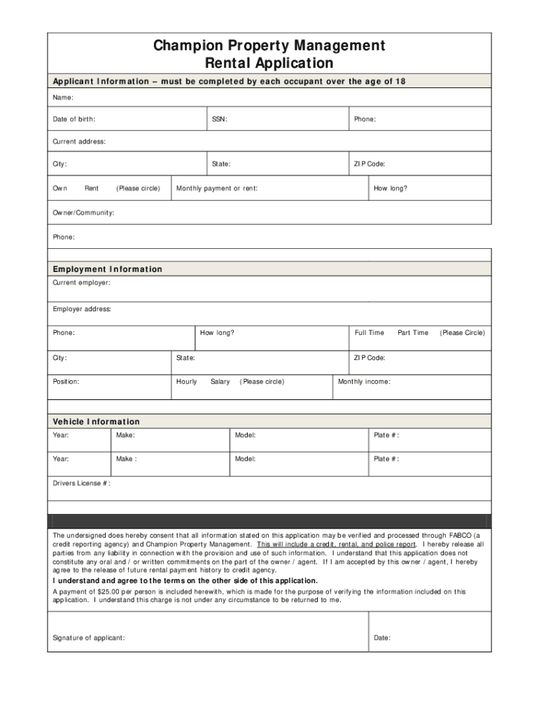 Fillable Online Champion Property Management Rental Application Policy