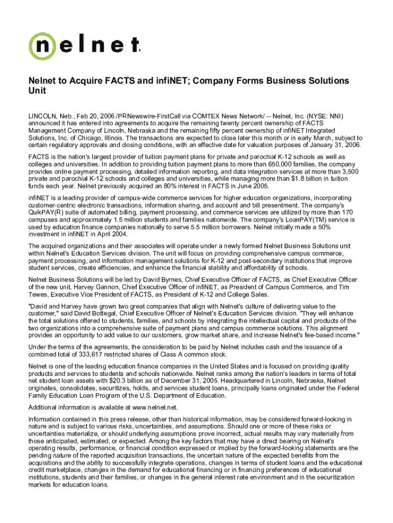 Fillable Online Nelnet to Acquire FACTS and infiNET; Company Forms ...