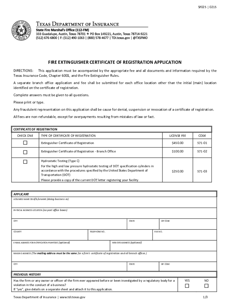 Fillable Online Form SF025 Fire Extinguisher Certificate of