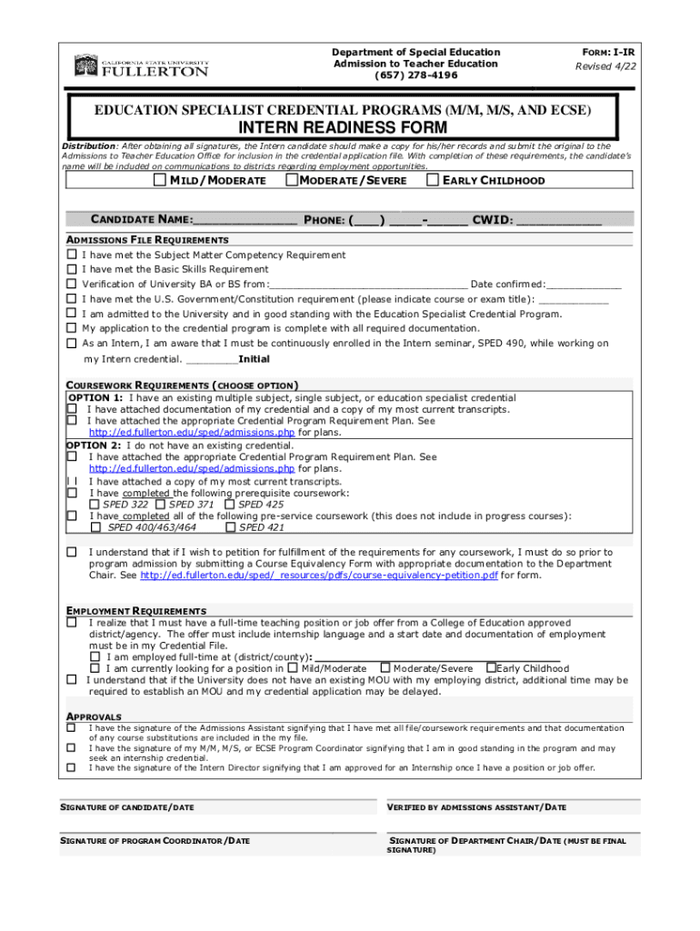 Fillable Online ed fullerton Early Childhood Special Education with EL