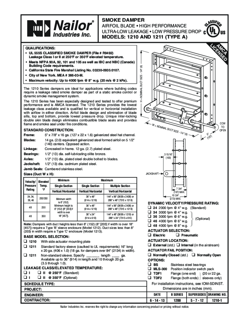 Fillable Online Submittal, Models 1210 and 1211 Type A, Smoke Damper