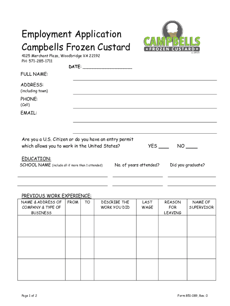 Fillable Online Employment Application Campbells Frozen Custard Fax Email Print - pdfFiller