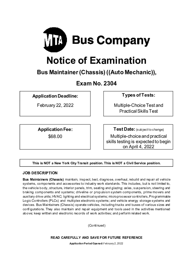Fillable Online Notice of Examination Bus Maintainer (Chassis) ((Auto