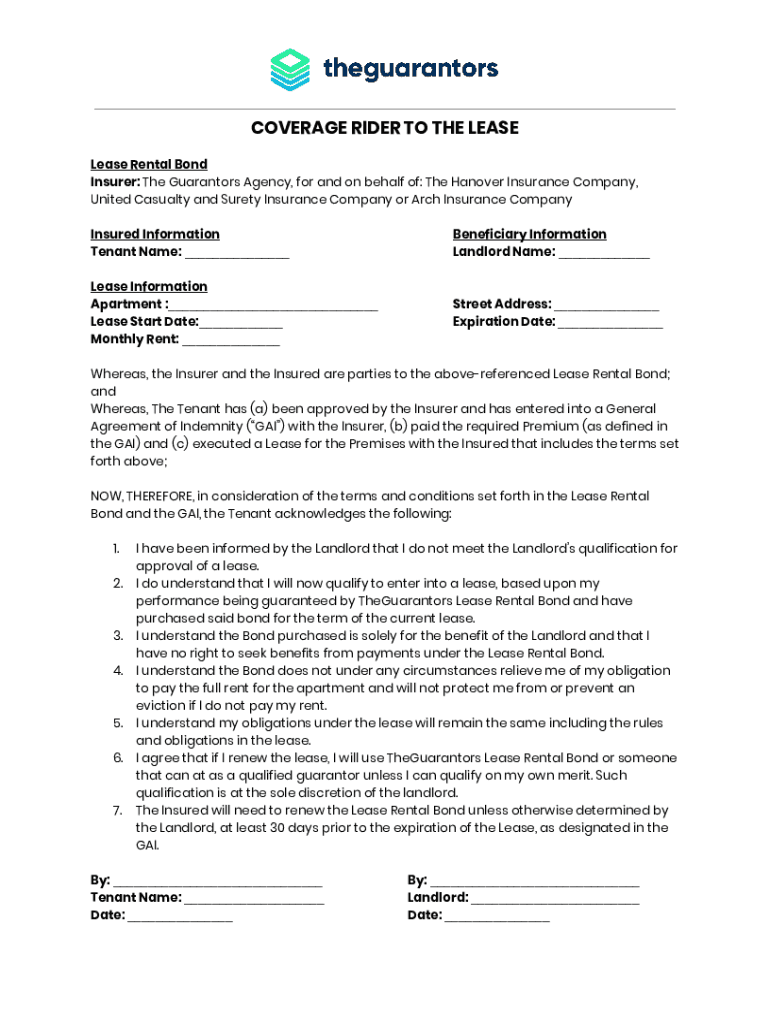 Fillable Online COVERAGE RIDER TO THE LEASE Fax Email Print pdfFiller