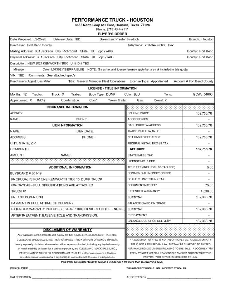 Fillable Online FORT BEND COUNTY BUYBOARD 60119 Truck Proposals