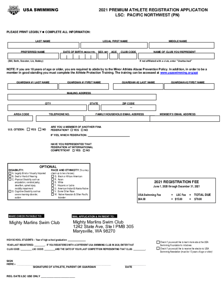 Fillable Online Merced Skimmers Swim Team USA Swim Registration Form