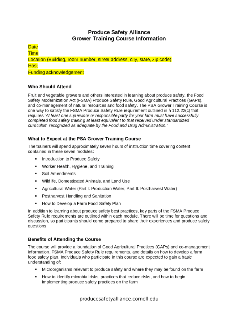 FSMA Produce Safety Rule Grower Training Courses Doc Template pdfFiller