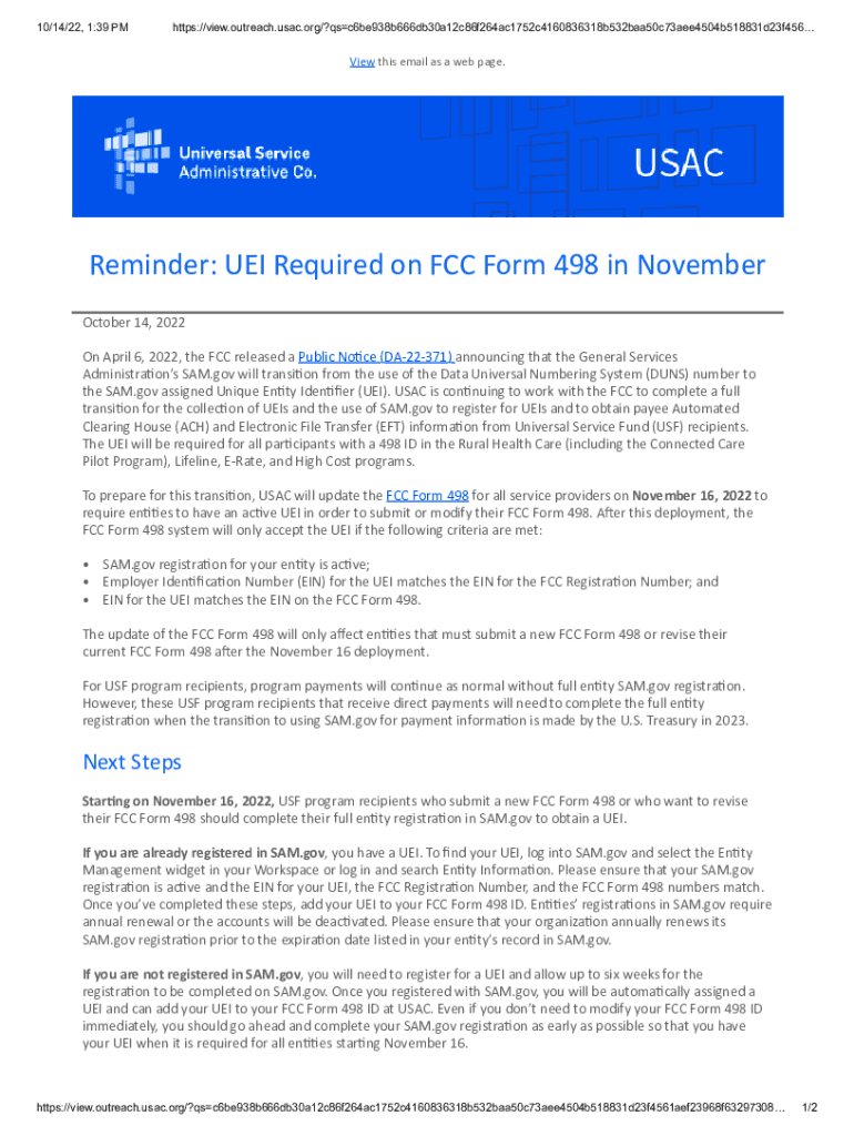 Fillable Online Reminder UEI Required On FCC Form 498 In November Fax Fillable Online Reminder Uei Required On Fcc Form 498 In November Fax