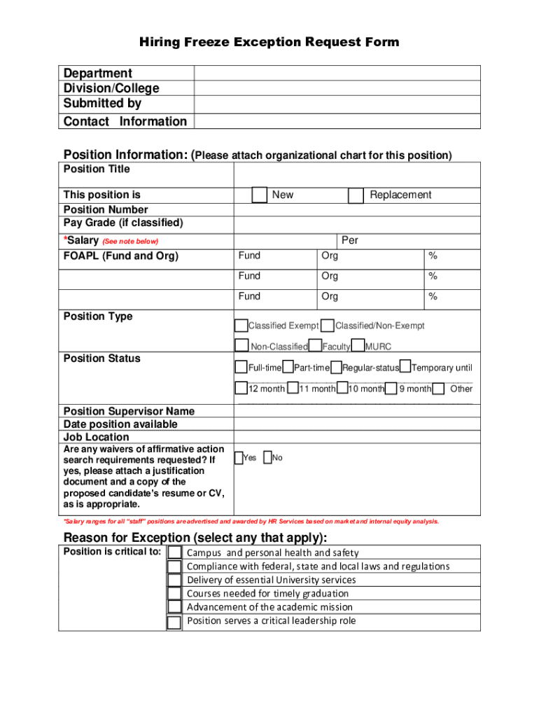 Fillable Online HIRING FREEZE EXCEPTION FORM Fax Email Print pdfFiller
