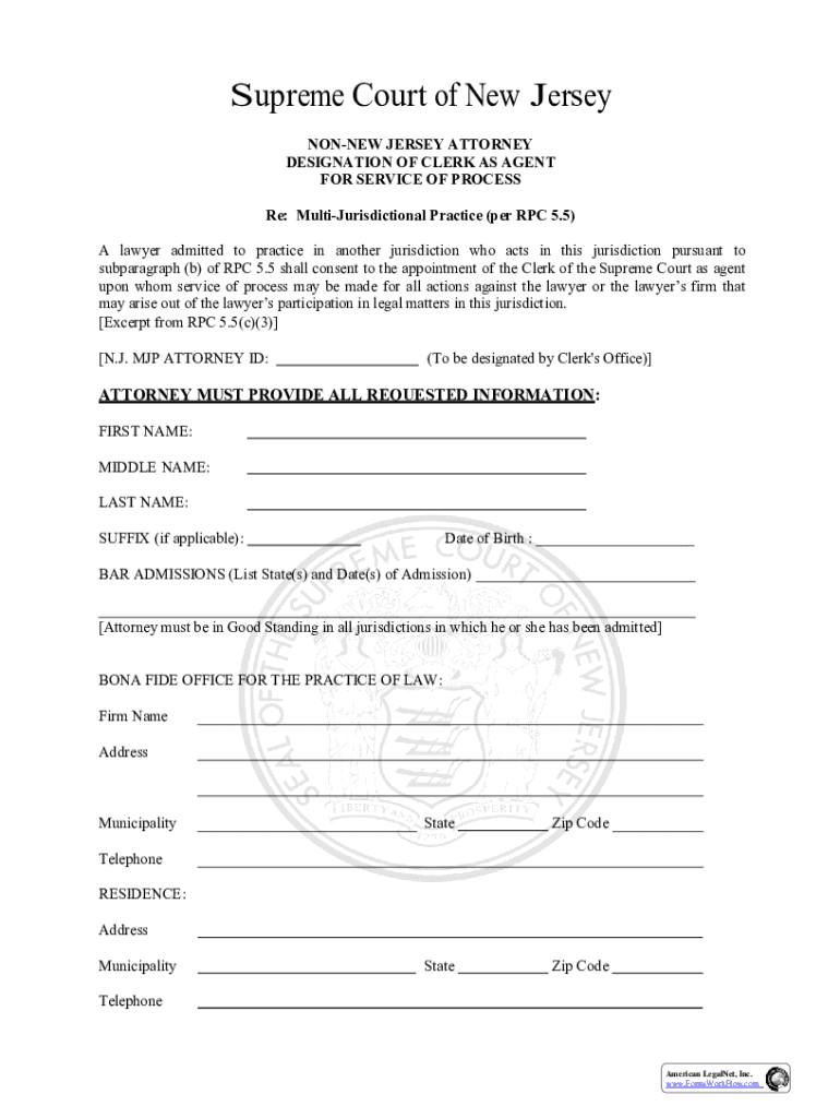 Fillable Online NonNew Jersey Attorney Designation of Clerk as