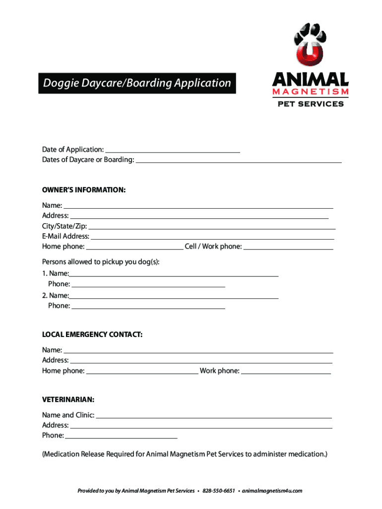 Fillable Online Doggie Daycare/Boarding Application Fax Email Print