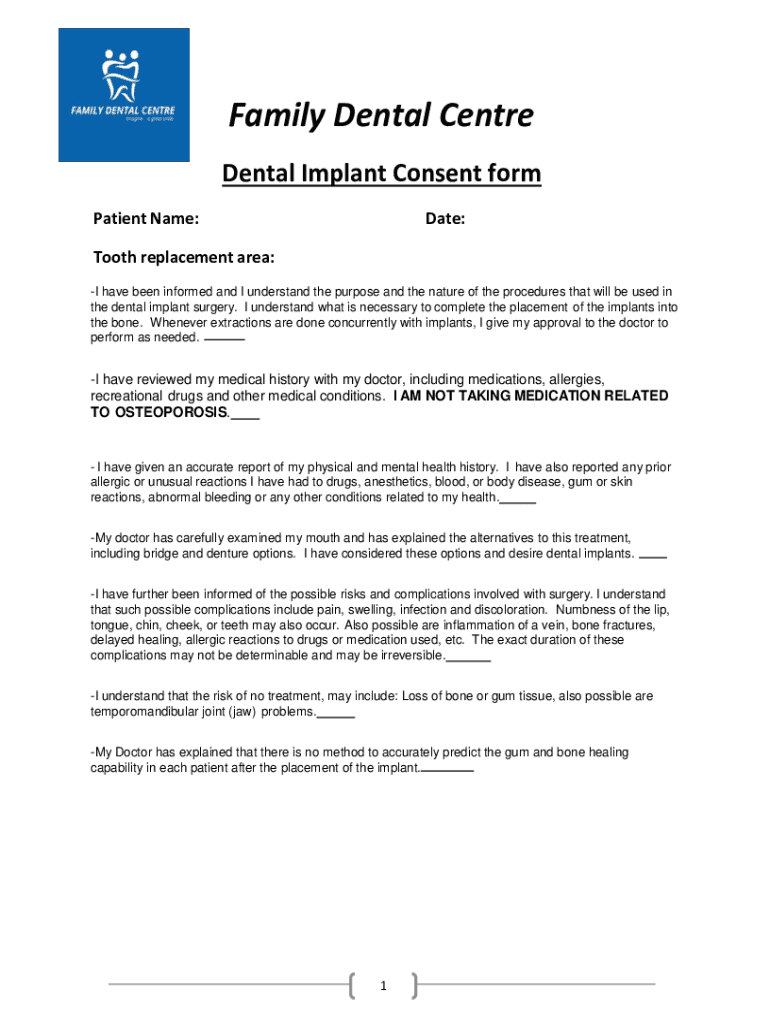 Fillable Online Family Dental Centre Dental Implant Consent form Fax