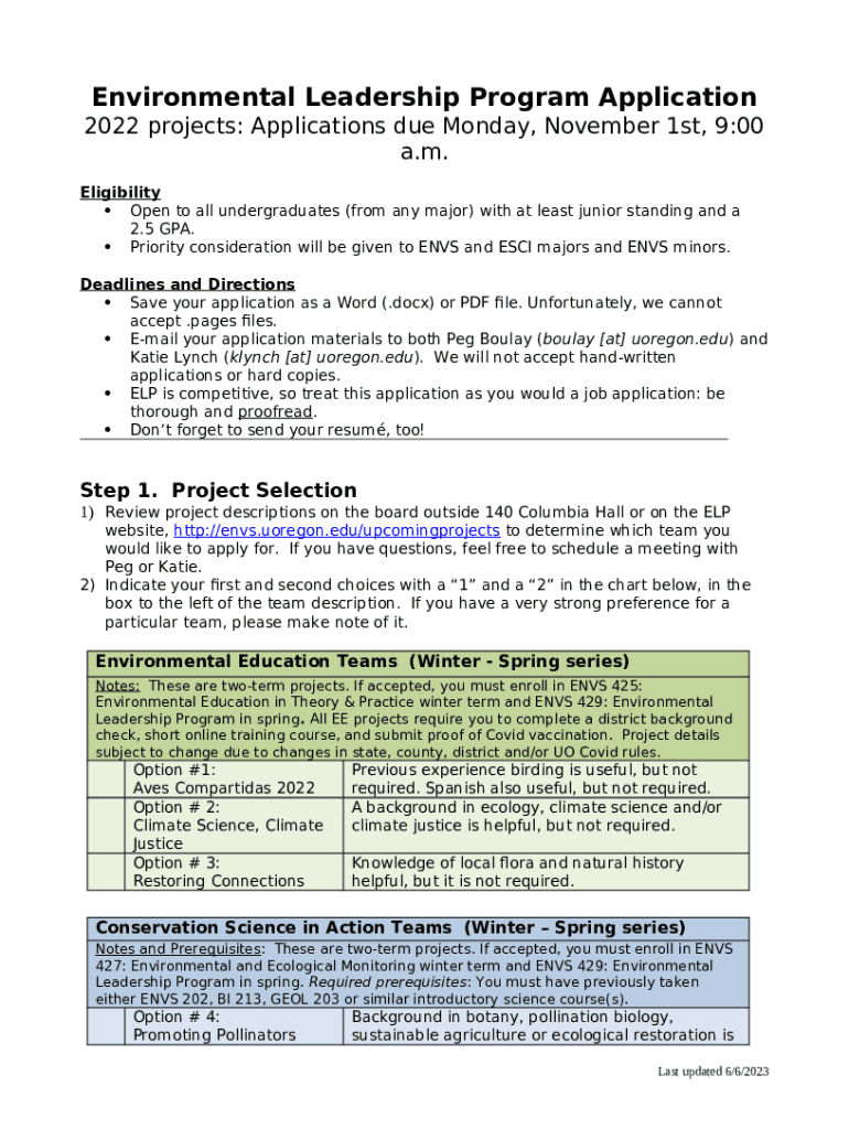 Environmental Leadership Program Application - cas uoregon Doc Template ...