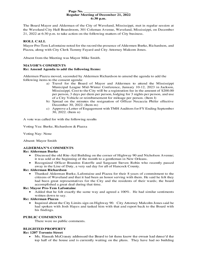 Fillable Online The Board Mayor and Alderman of the City of Waveland