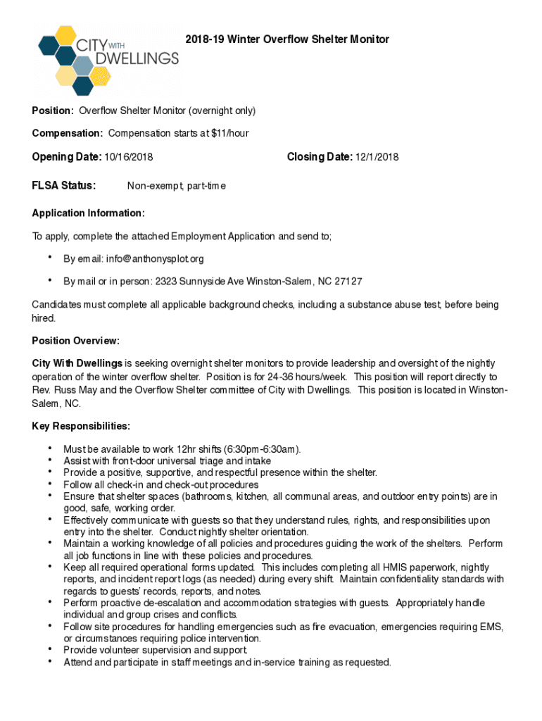 Fillable Online Overflow Shelter Monitor Job Description and
