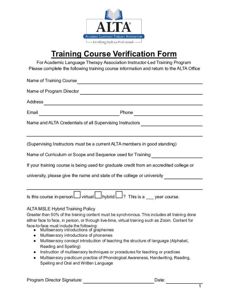 Fillable Online TRAINING VERIFICATION FORM Fax Email Print pdfFiller