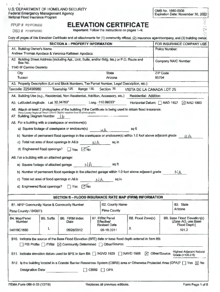 Fillable Online rfcd pima ELEVATION CERTIFICATE Pima County Fax Email