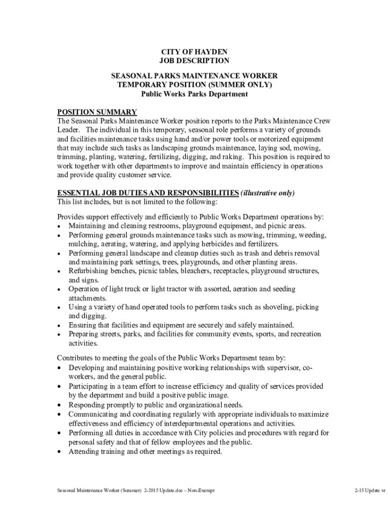 Fillable Online Job Posting for Seasonal Parks Worker at City of Hayden Fax Email Print pdfFiller