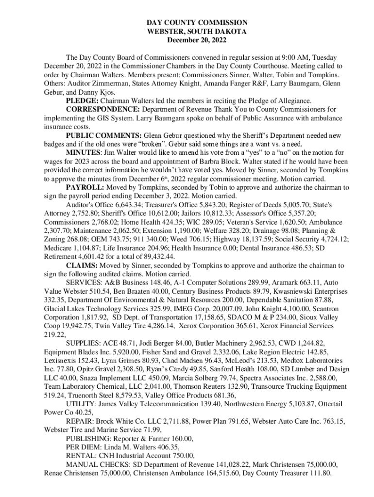Fillable Online December 20, 2022 in the Commissioner Chambers in the