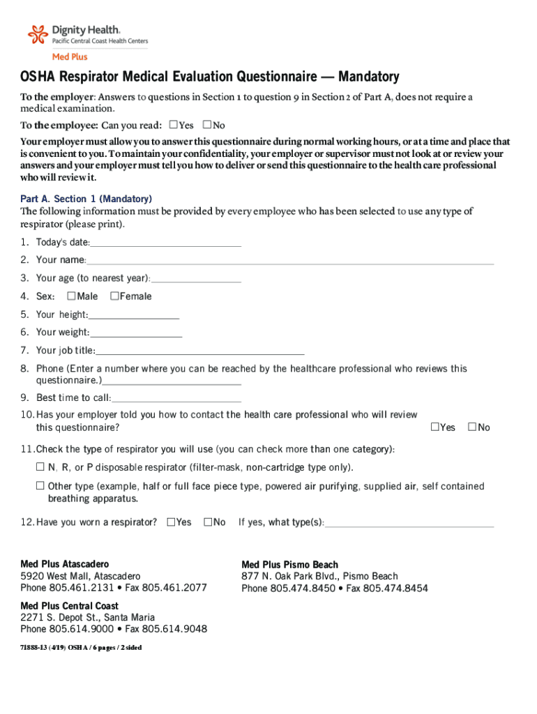 Fillable Online OSHA Respirator Medical Evaluation Questionnaire fillable-online-osha-respirator-medical-evaluation-questionnaire