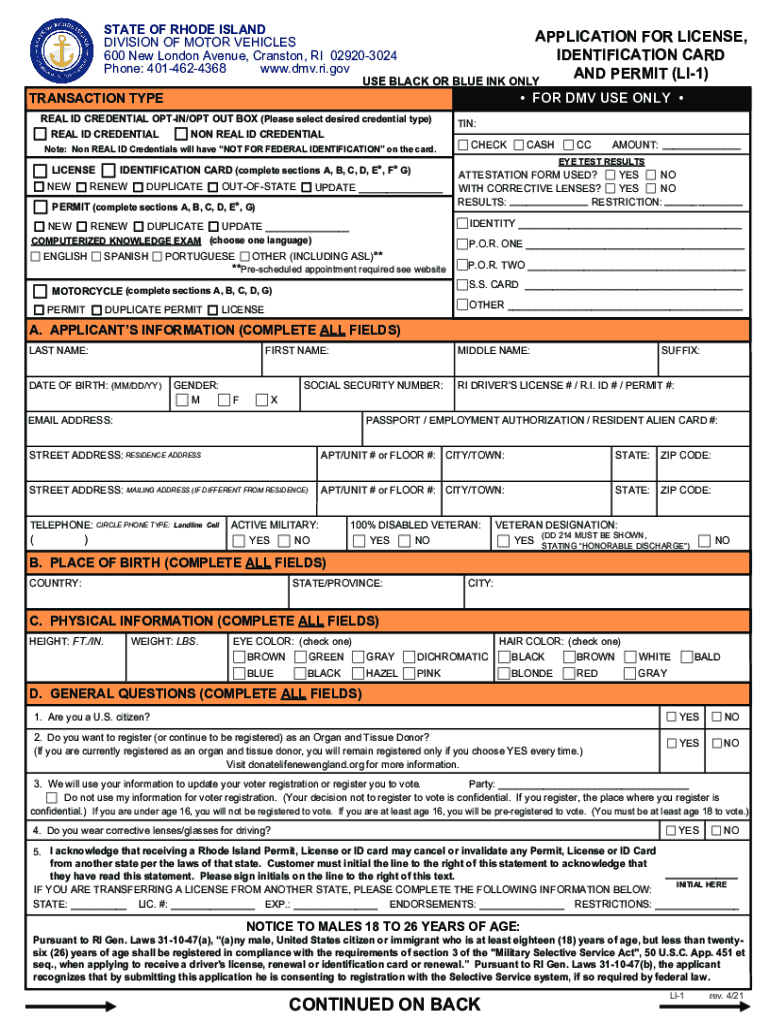 Fillable Online dmv ri application for license, identification card and