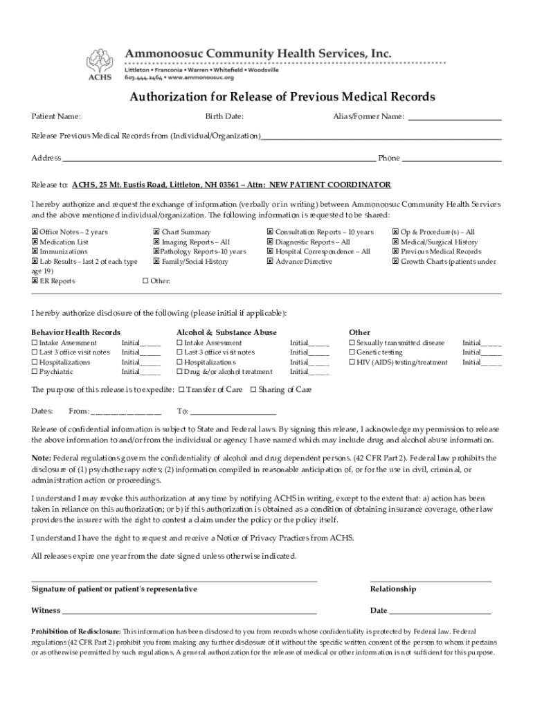 Fillable Online Authorization for Release of Previous Medical Records