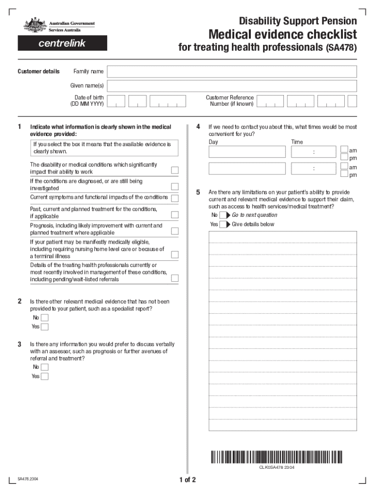 medical report disability support pension form sa012 Preview on Page 1