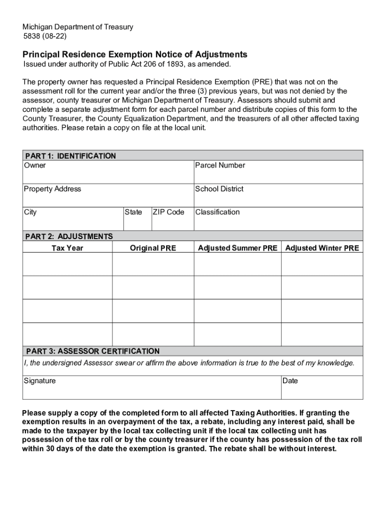 Fillable Online Principal Residence Exemption Notice of Adjustments Fax