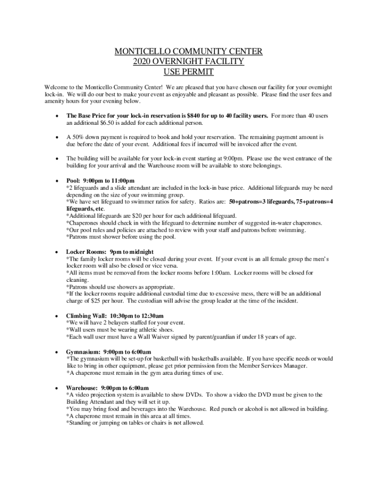 Fillable Online Facility Day Passes Monticello Community Center Fax