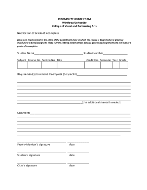 INCOMPLETE GRADE FORM Winthrop University College of Visual ...