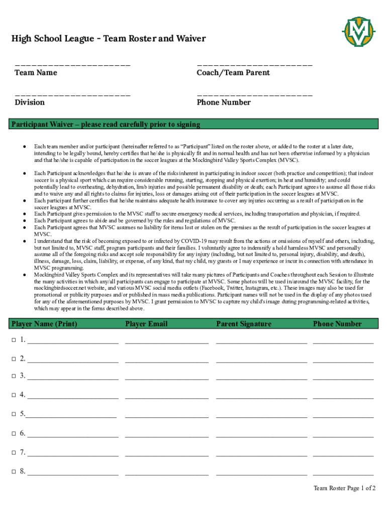 Fillable Online Team Roster and Waiver Release Form Fax Email Print ...