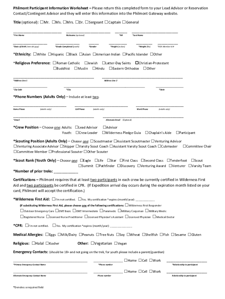 Philmont Participant Information Worksheet - Fill Out and Preview on Page 1