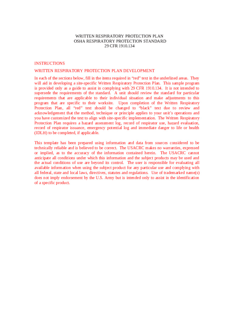 Written RESPIRATORY PROTECTION Plan safety army Doc Template pdfFiller