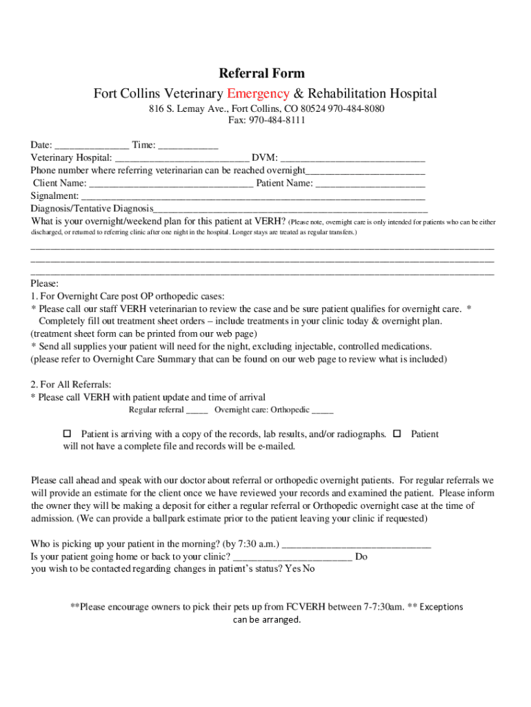 Fillable Online Referral Form Fort Collins Veterinary Emergency Fax